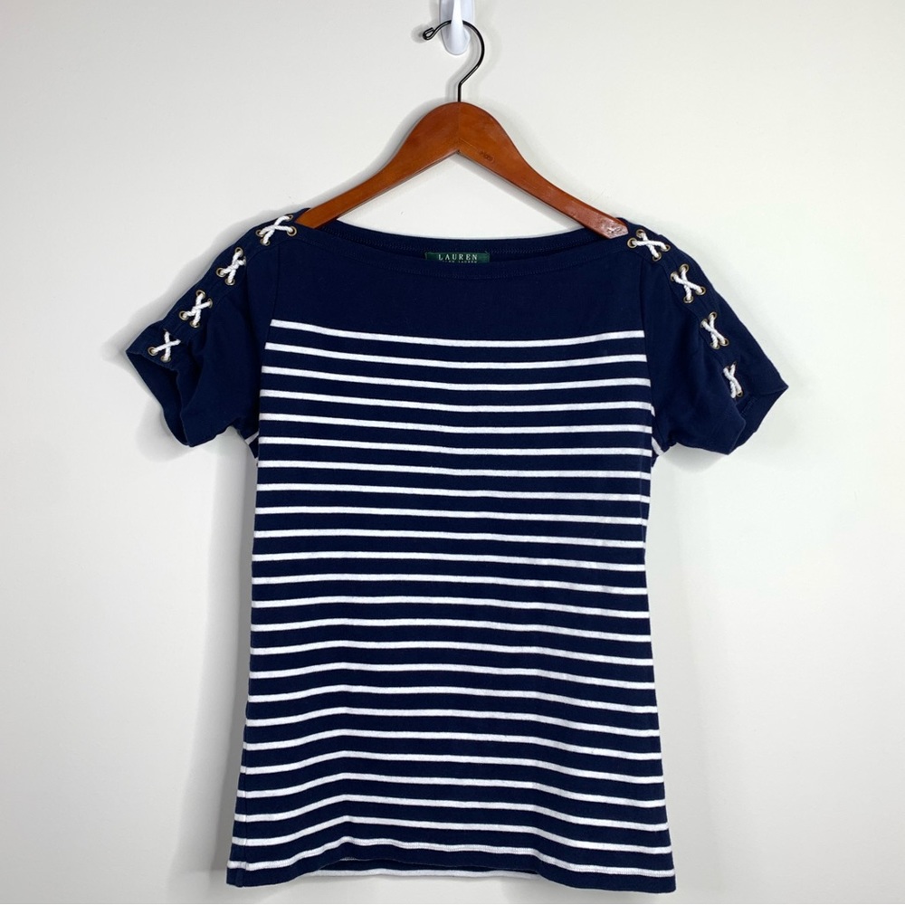 BN2 Lauren Ralph Lauren Breton‎ Blouse Blue Stripe Soft Cotton Stretch Medium
